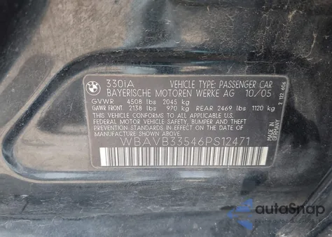 2006 BMW 330I из США, поврежденный, VIN WBAVB33546PS12471